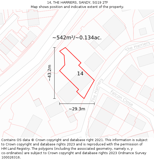 14, THE HARRIERS, SANDY, SG19 2TF: Plot and title map