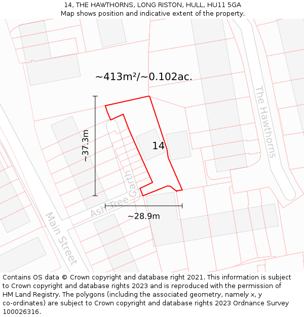 14, THE HAWTHORNS, LONG RISTON, HULL, HU11 5GA: Plot and title map