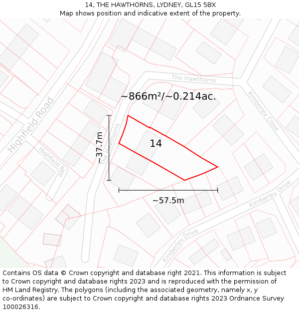 14, THE HAWTHORNS, LYDNEY, GL15 5BX: Plot and title map