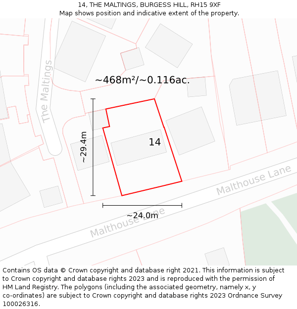 14, THE MALTINGS, BURGESS HILL, RH15 9XF: Plot and title map