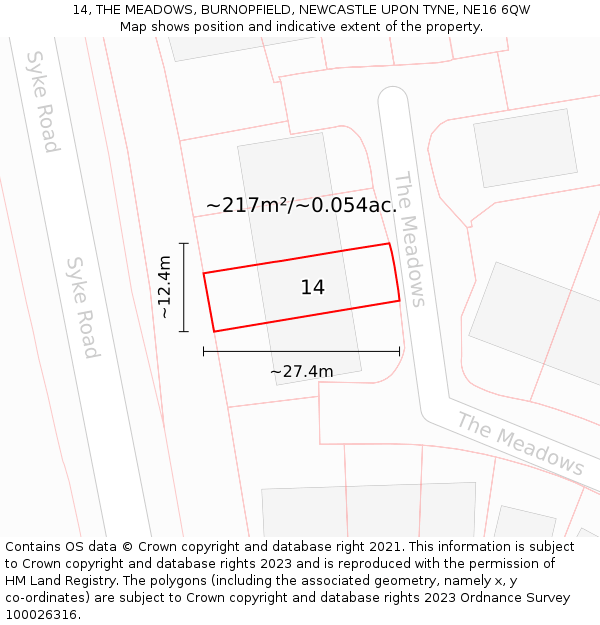 14, THE MEADOWS, BURNOPFIELD, NEWCASTLE UPON TYNE, NE16 6QW: Plot and title map