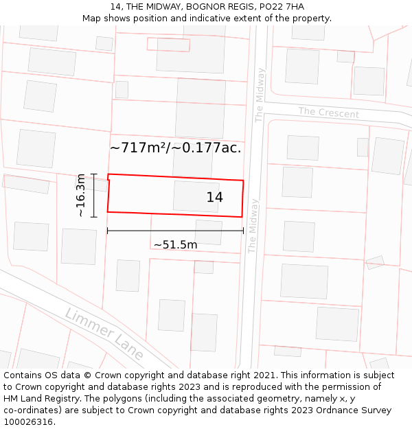 14, THE MIDWAY, BOGNOR REGIS, PO22 7HA: Plot and title map