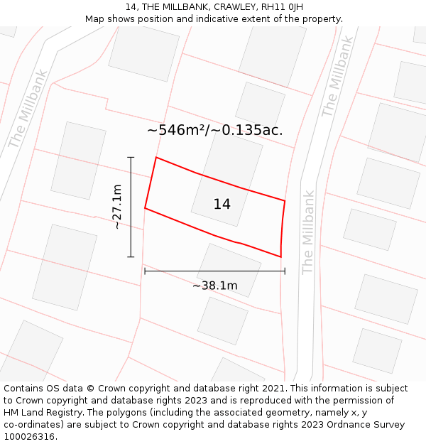 14, THE MILLBANK, CRAWLEY, RH11 0JH: Plot and title map