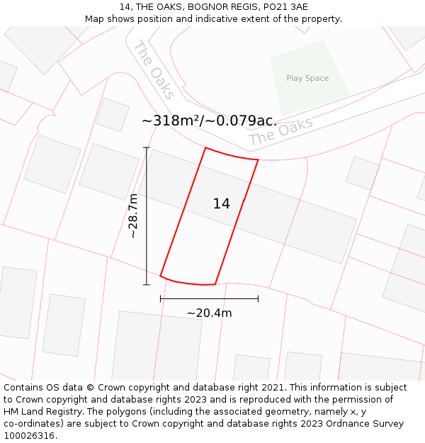 14, THE OAKS, BOGNOR REGIS, PO21 3AE: Plot and title map