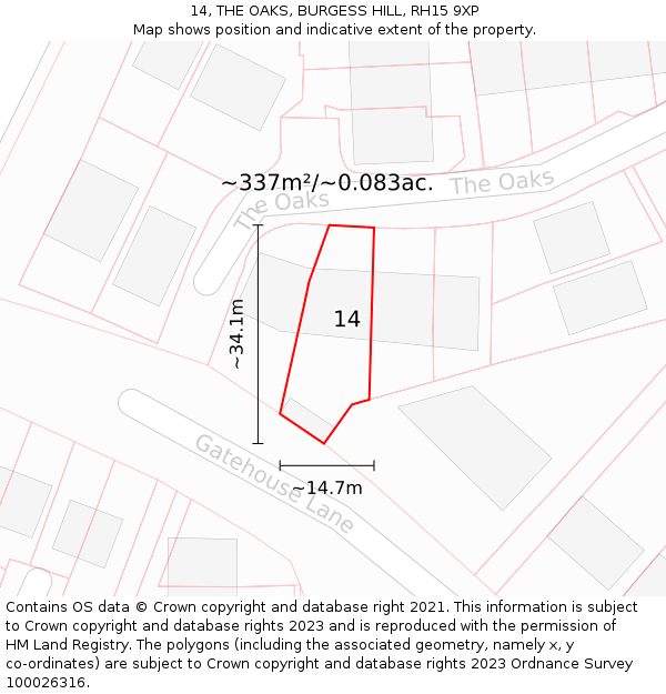 14, THE OAKS, BURGESS HILL, RH15 9XP: Plot and title map
