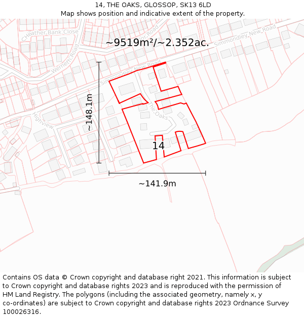 14, THE OAKS, GLOSSOP, SK13 6LD: Plot and title map