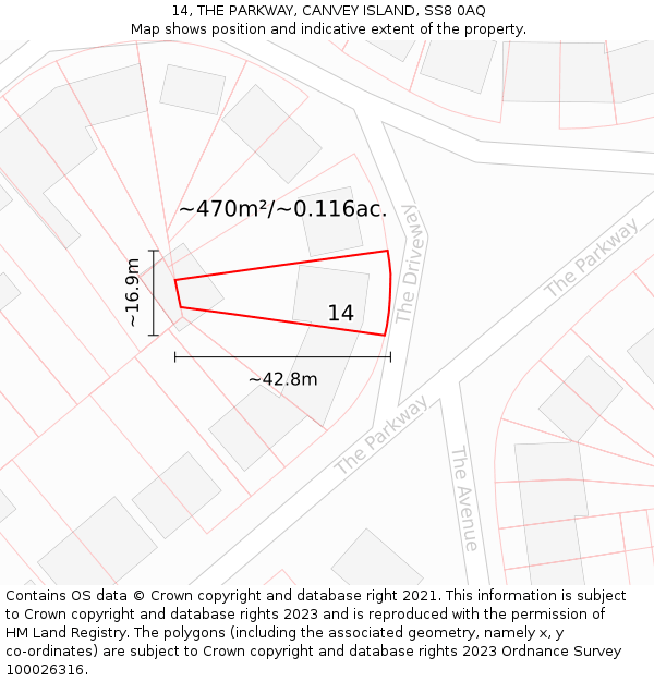 14, THE PARKWAY, CANVEY ISLAND, SS8 0AQ: Plot and title map