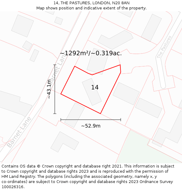 14, THE PASTURES, LONDON, N20 8AN: Plot and title map