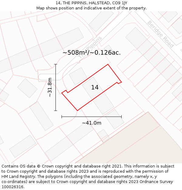 14, THE PIPPINS, HALSTEAD, CO9 1JY: Plot and title map