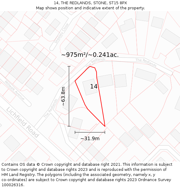 14, THE REDLANDS, STONE, ST15 8PX: Plot and title map