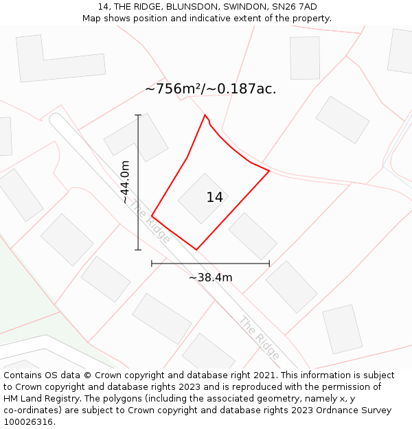 14, THE RIDGE, BLUNSDON, SWINDON, SN26 7AD: Plot and title map