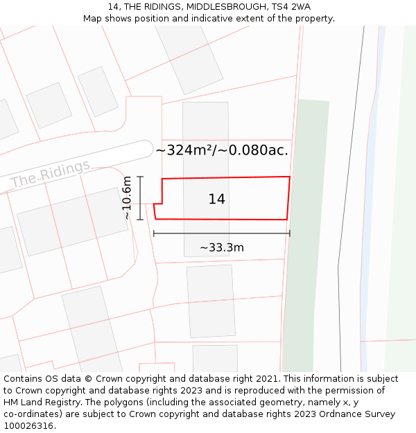 14, THE RIDINGS, MIDDLESBROUGH, TS4 2WA: Plot and title map