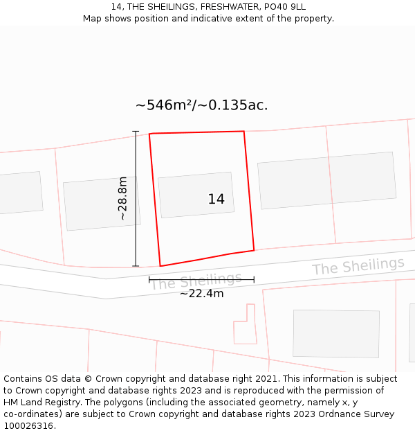 14, THE SHEILINGS, FRESHWATER, PO40 9LL: Plot and title map