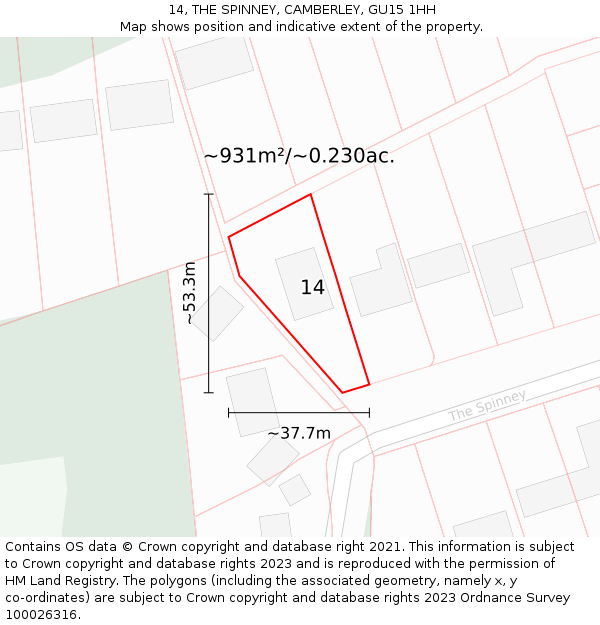 14, THE SPINNEY, CAMBERLEY, GU15 1HH: Plot and title map