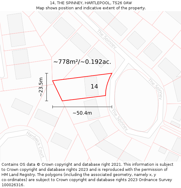 14, THE SPINNEY, HARTLEPOOL, TS26 0AW: Plot and title map