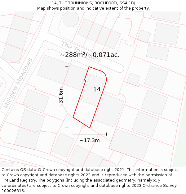 14, THE TRUNNIONS, ROCHFORD, SS4 1DJ: Plot and title map