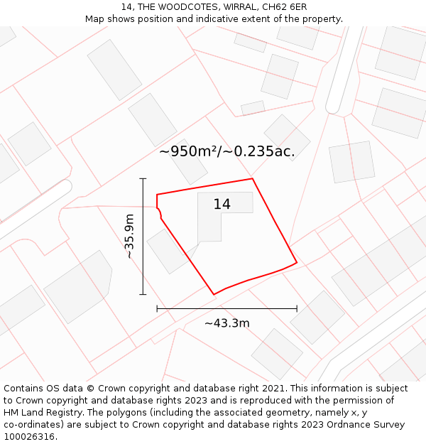 14, THE WOODCOTES, WIRRAL, CH62 6ER: Plot and title map