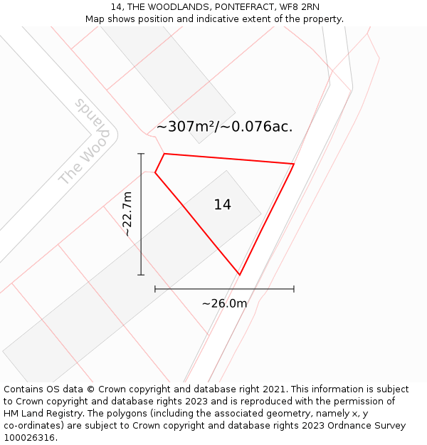 14, THE WOODLANDS, PONTEFRACT, WF8 2RN: Plot and title map