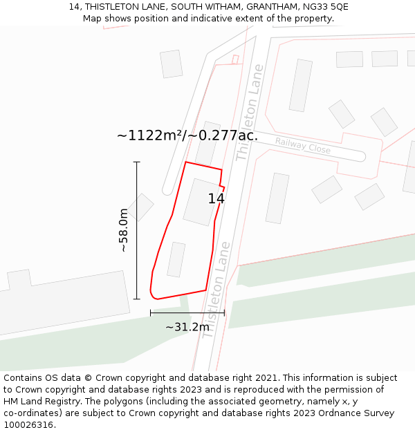 14, THISTLETON LANE, SOUTH WITHAM, GRANTHAM, NG33 5QE: Plot and title map