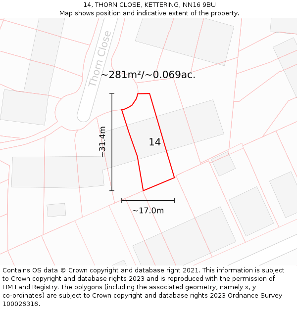 14, THORN CLOSE, KETTERING, NN16 9BU: Plot and title map