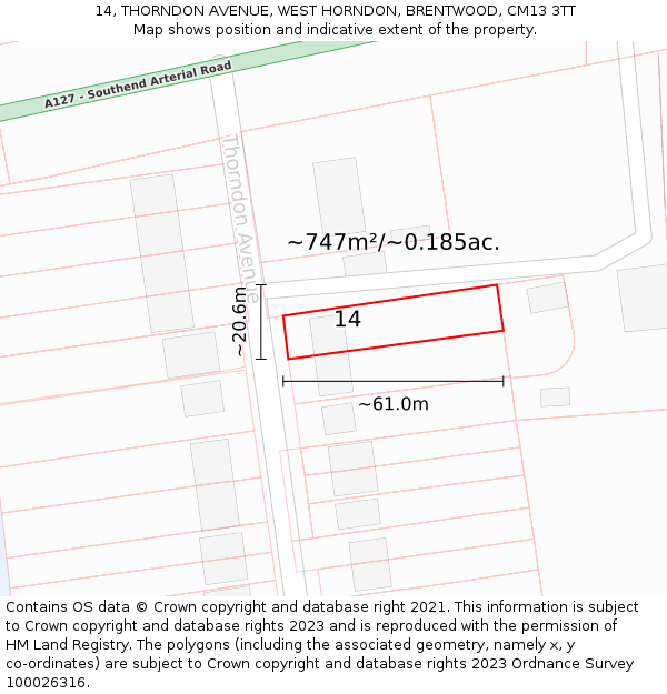 14, THORNDON AVENUE, WEST HORNDON, BRENTWOOD, CM13 3TT: Plot and title map