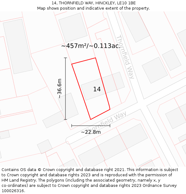 14, THORNFIELD WAY, HINCKLEY, LE10 1BE: Plot and title map