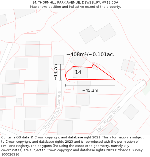 14, THORNHILL PARK AVENUE, DEWSBURY, WF12 0DA: Plot and title map