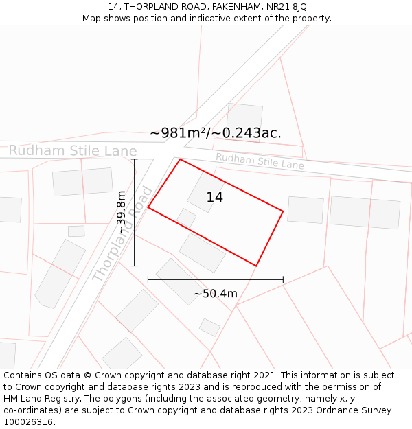 14, THORPLAND ROAD, FAKENHAM, NR21 8JQ: Plot and title map