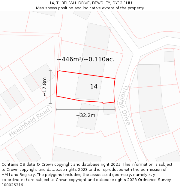 14, THRELFALL DRIVE, BEWDLEY, DY12 1HU: Plot and title map