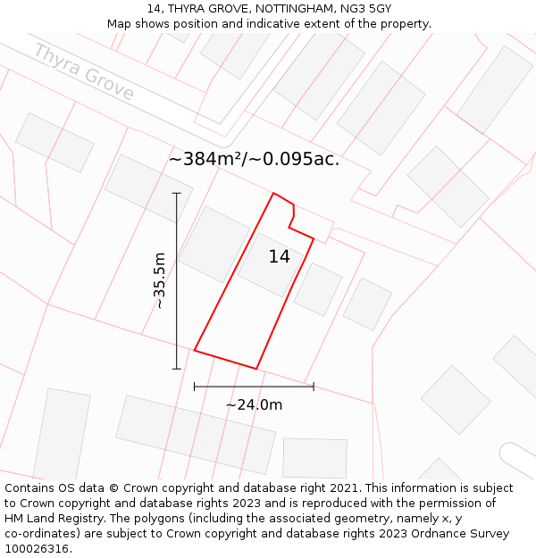 14, THYRA GROVE, NOTTINGHAM, NG3 5GY: Plot and title map