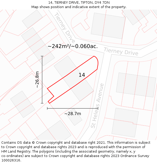 14, TIERNEY DRIVE, TIPTON, DY4 7DN: Plot and title map