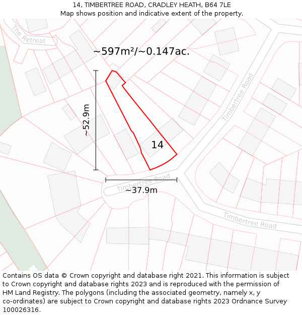 14, TIMBERTREE ROAD, CRADLEY HEATH, B64 7LE: Plot and title map