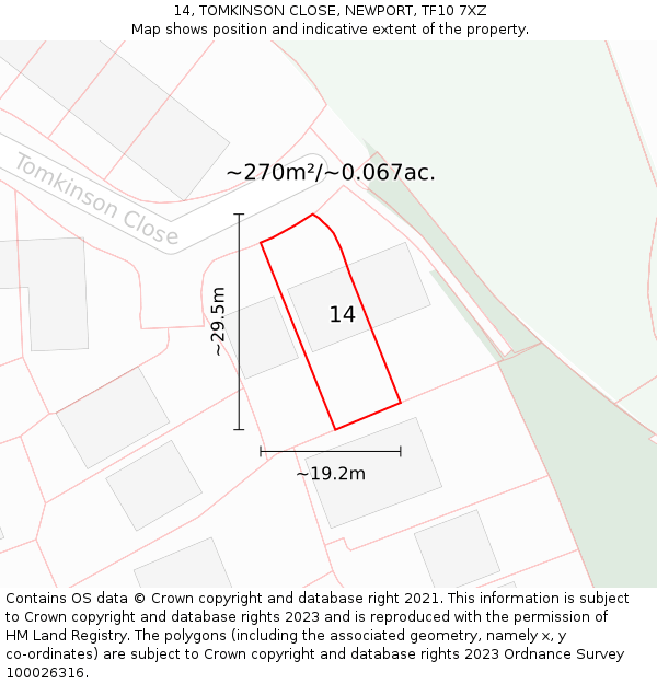 14, TOMKINSON CLOSE, NEWPORT, TF10 7XZ: Plot and title map