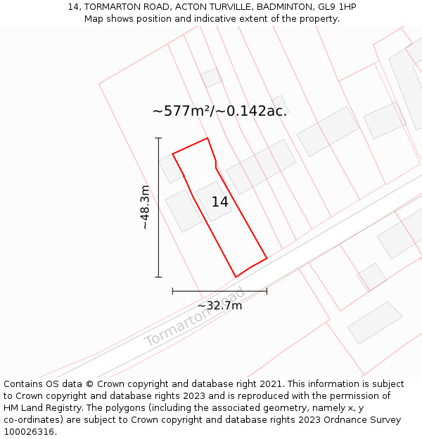 14, TORMARTON ROAD, ACTON TURVILLE, BADMINTON, GL9 1HP: Plot and title map