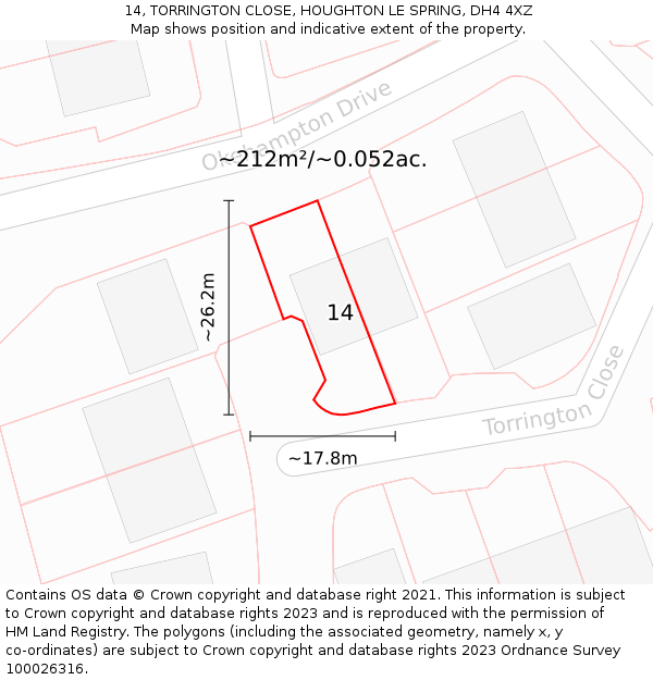 14, TORRINGTON CLOSE, HOUGHTON LE SPRING, DH4 4XZ: Plot and title map