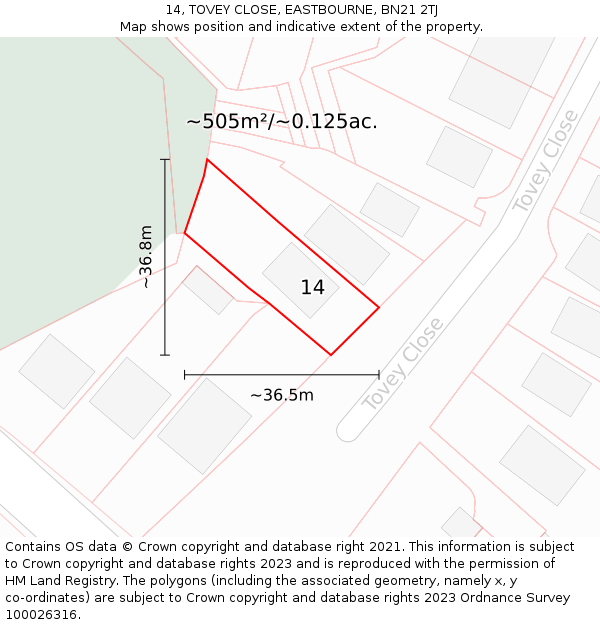 14, TOVEY CLOSE, EASTBOURNE, BN21 2TJ: Plot and title map