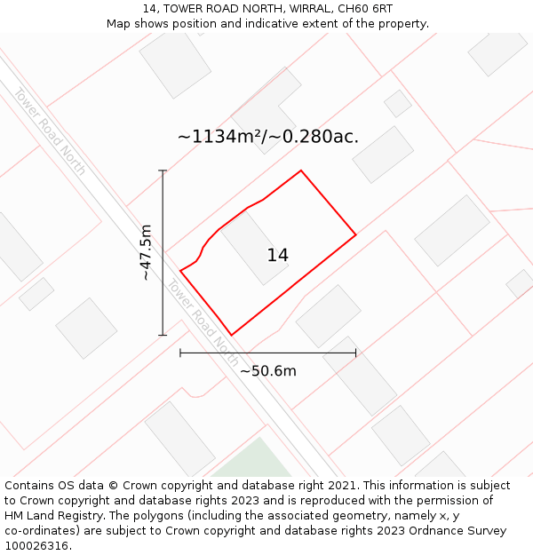 14, TOWER ROAD NORTH, WIRRAL, CH60 6RT: Plot and title map