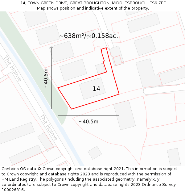 14, TOWN GREEN DRIVE, GREAT BROUGHTON, MIDDLESBROUGH, TS9 7EE: Plot and title map