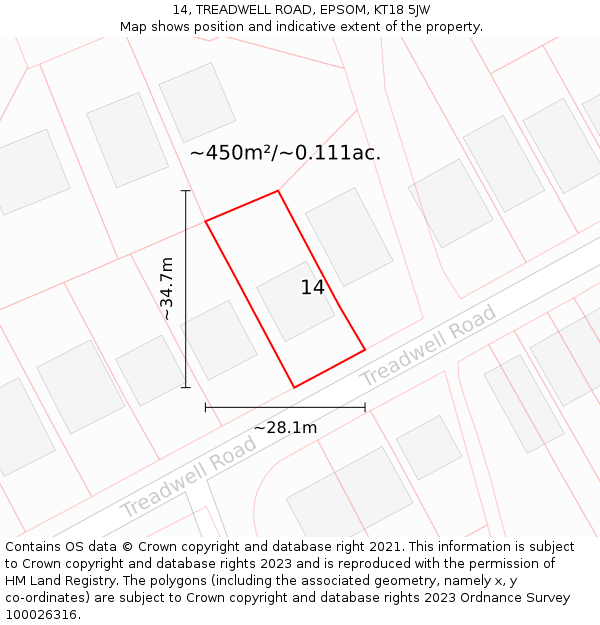 14, TREADWELL ROAD, EPSOM, KT18 5JW: Plot and title map