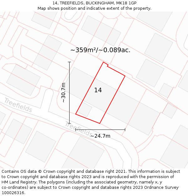 14, TREEFIELDS, BUCKINGHAM, MK18 1GP: Plot and title map