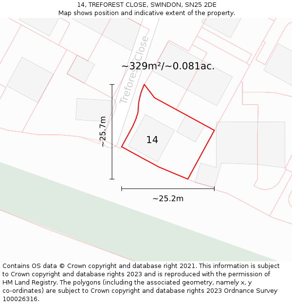 14, TREFOREST CLOSE, SWINDON, SN25 2DE: Plot and title map