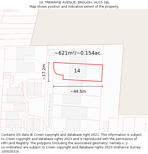 14, TREMAYNE AVENUE, BROUGH, HU15 1BL: Plot and title map