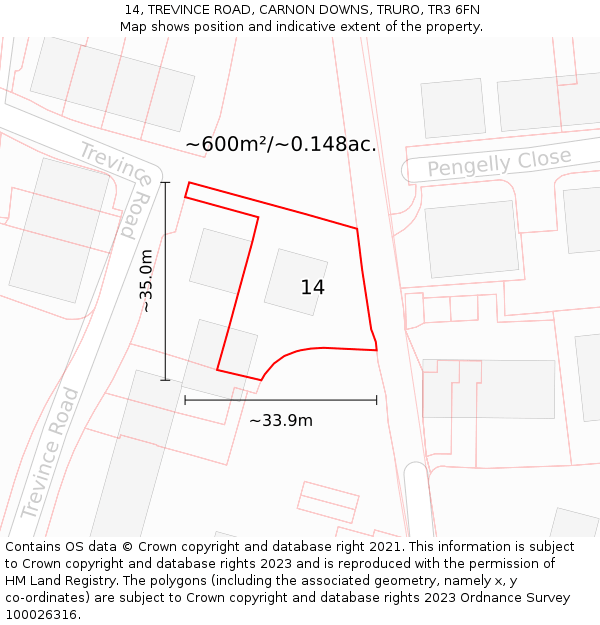 14, TREVINCE ROAD, CARNON DOWNS, TRURO, TR3 6FN: Plot and title map