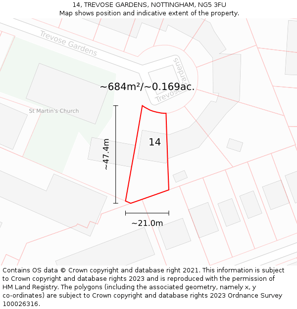 14, TREVOSE GARDENS, NOTTINGHAM, NG5 3FU: Plot and title map