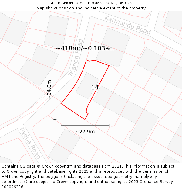 14, TRIANON ROAD, BROMSGROVE, B60 2SE: Plot and title map