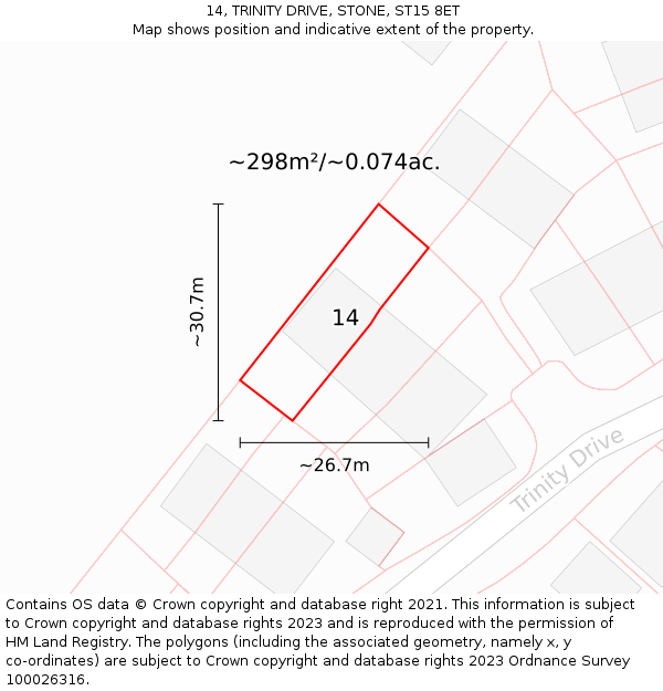 14, TRINITY DRIVE, STONE, ST15 8ET: Plot and title map