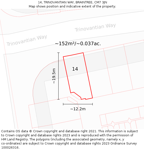 14, TRINOVANTIAN WAY, BRAINTREE, CM7 3JN: Plot and title map