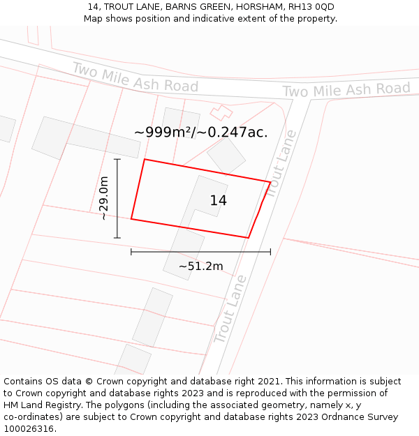 14, TROUT LANE, BARNS GREEN, HORSHAM, RH13 0QD: Plot and title map