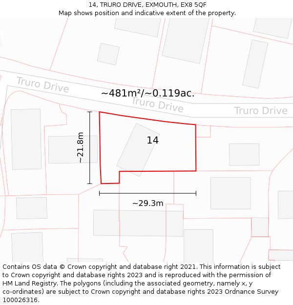 14, TRURO DRIVE, EXMOUTH, EX8 5QF: Plot and title map