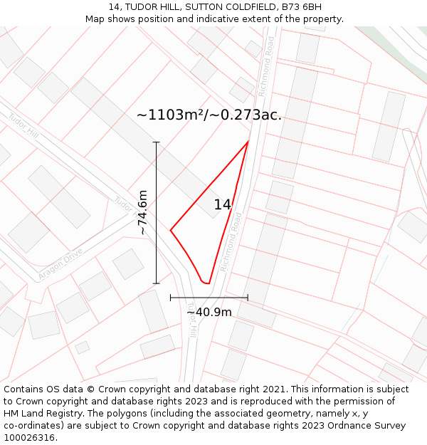 14, TUDOR HILL, SUTTON COLDFIELD, B73 6BH: Plot and title map